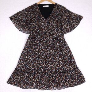 Manydress‎ Floral Midi Dress Black M Flutter Sleeve Cottagecore Ruffle Hem Boho